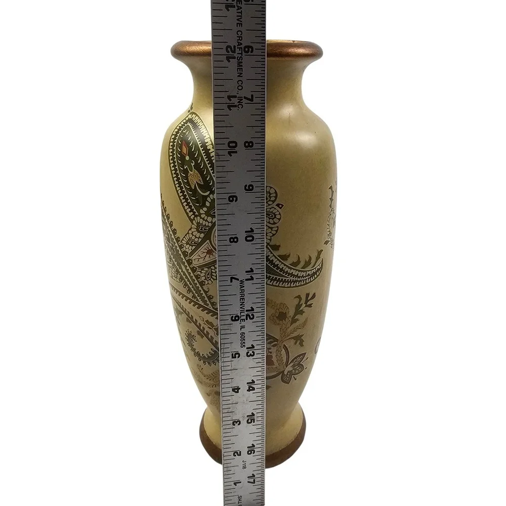 Cream Paisley Decorative Vase Bronze Trim Earthy Green Floral Pattern 12in